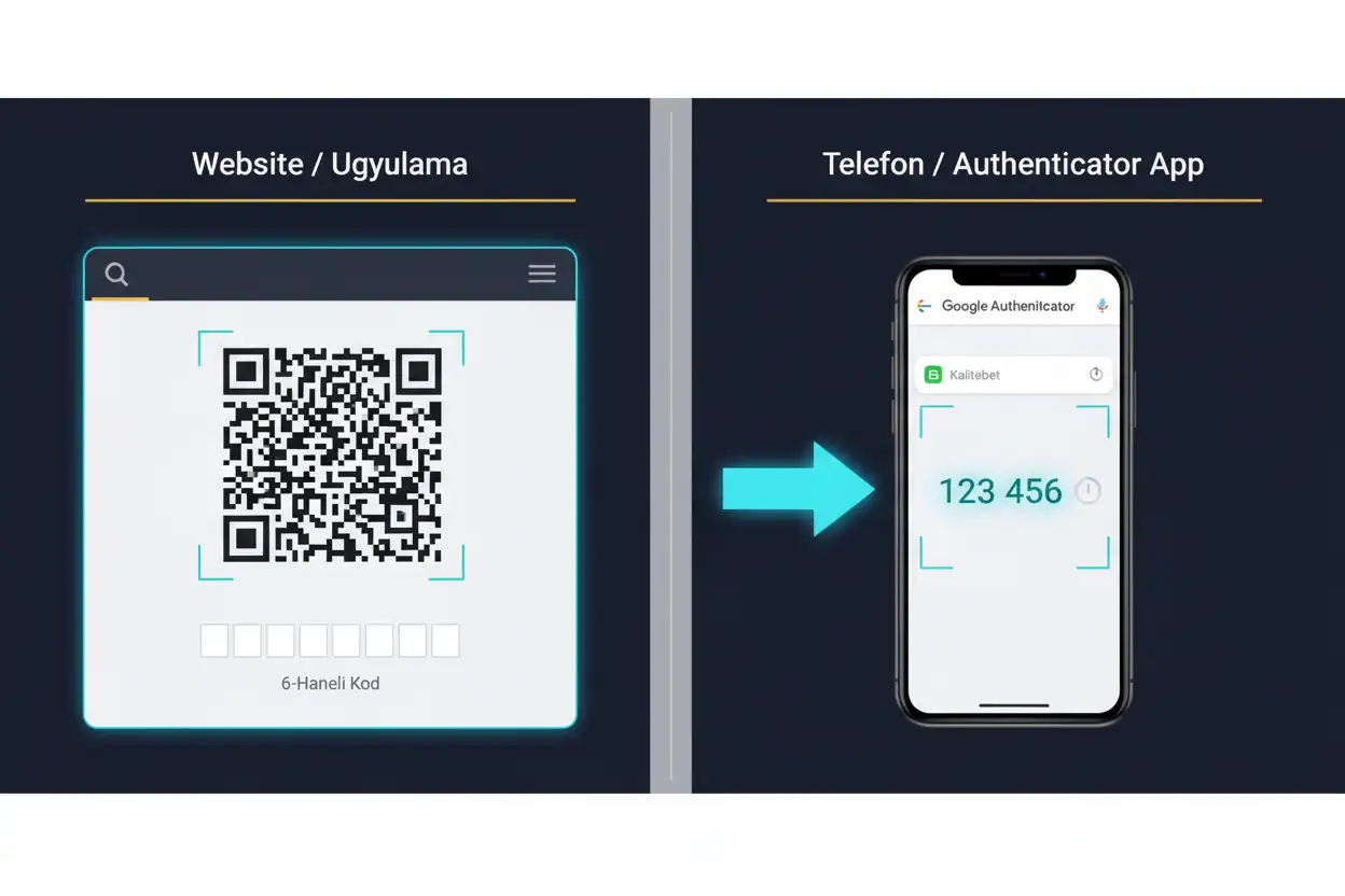 Kalitebet'te 2FA aktivasyon adımlarını gösteren ekran görüntüsü: QR kodunu okutma ve doğrulama kodunu girme.