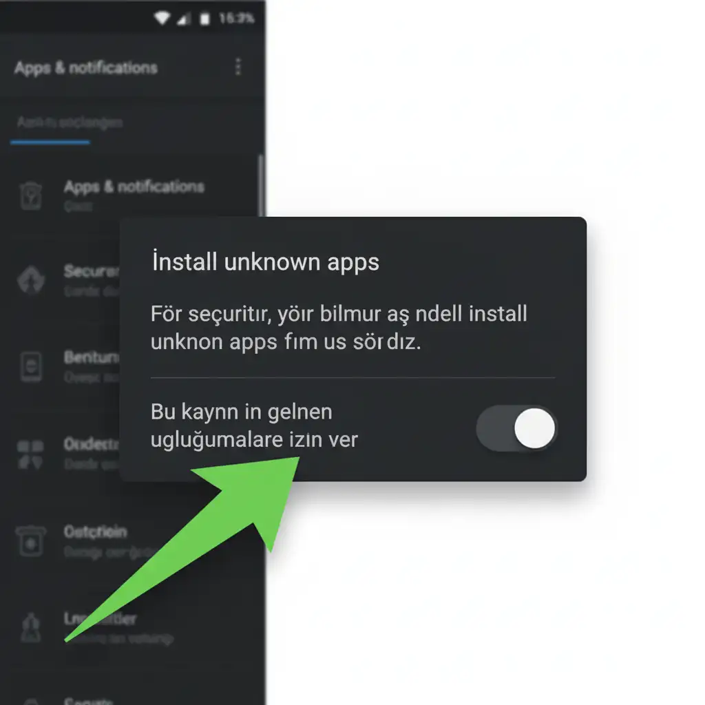 Kalitebet APK kurulumu için Android'de 'Bilinmeyen Kaynaklar' izninin nasıl verileceğini gösteren ekran görüntüsü.