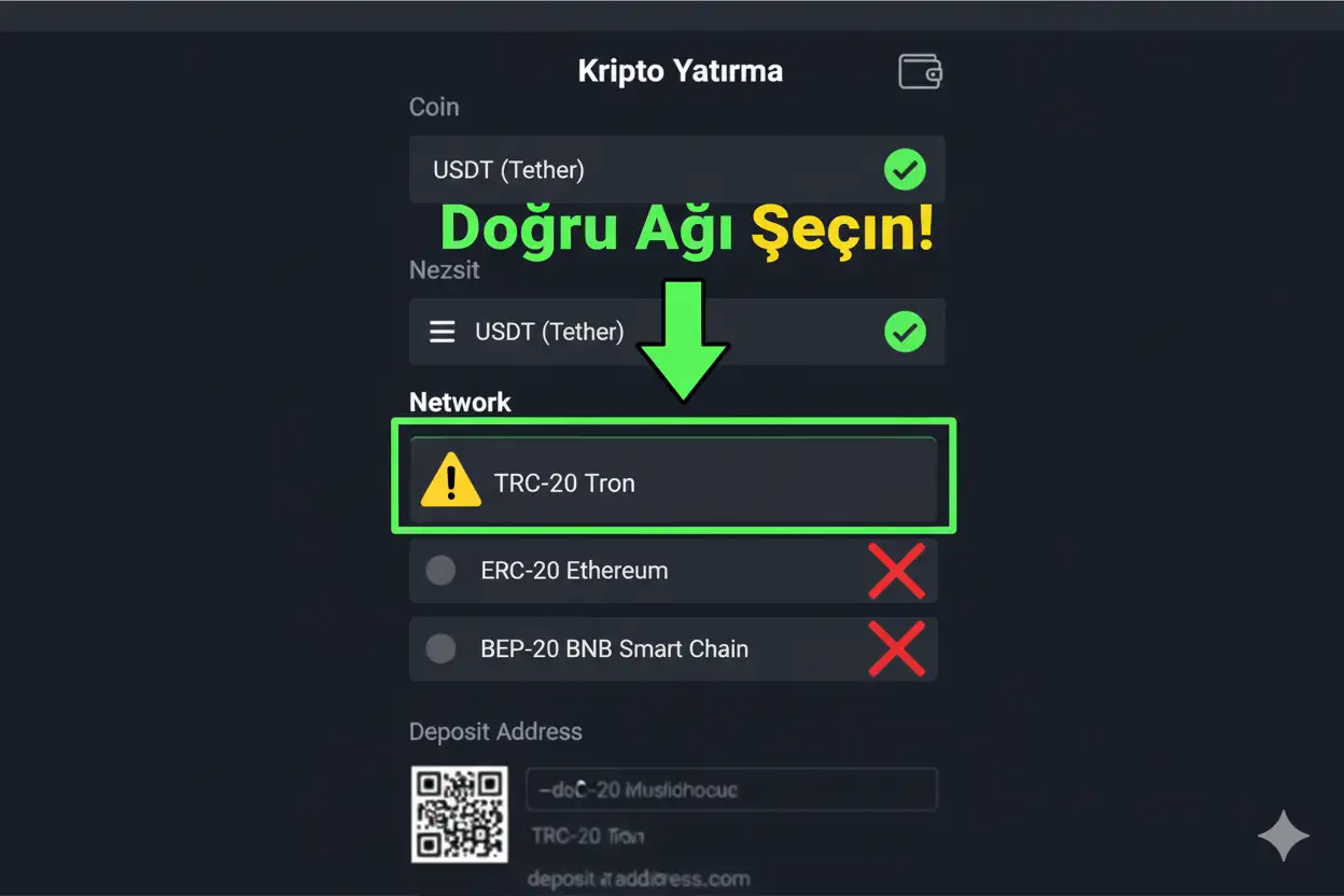 Kalitebet para yatırma ekranında USDT ve TRC-20 ağının seçildiği adımlı ekran görüntüsü.