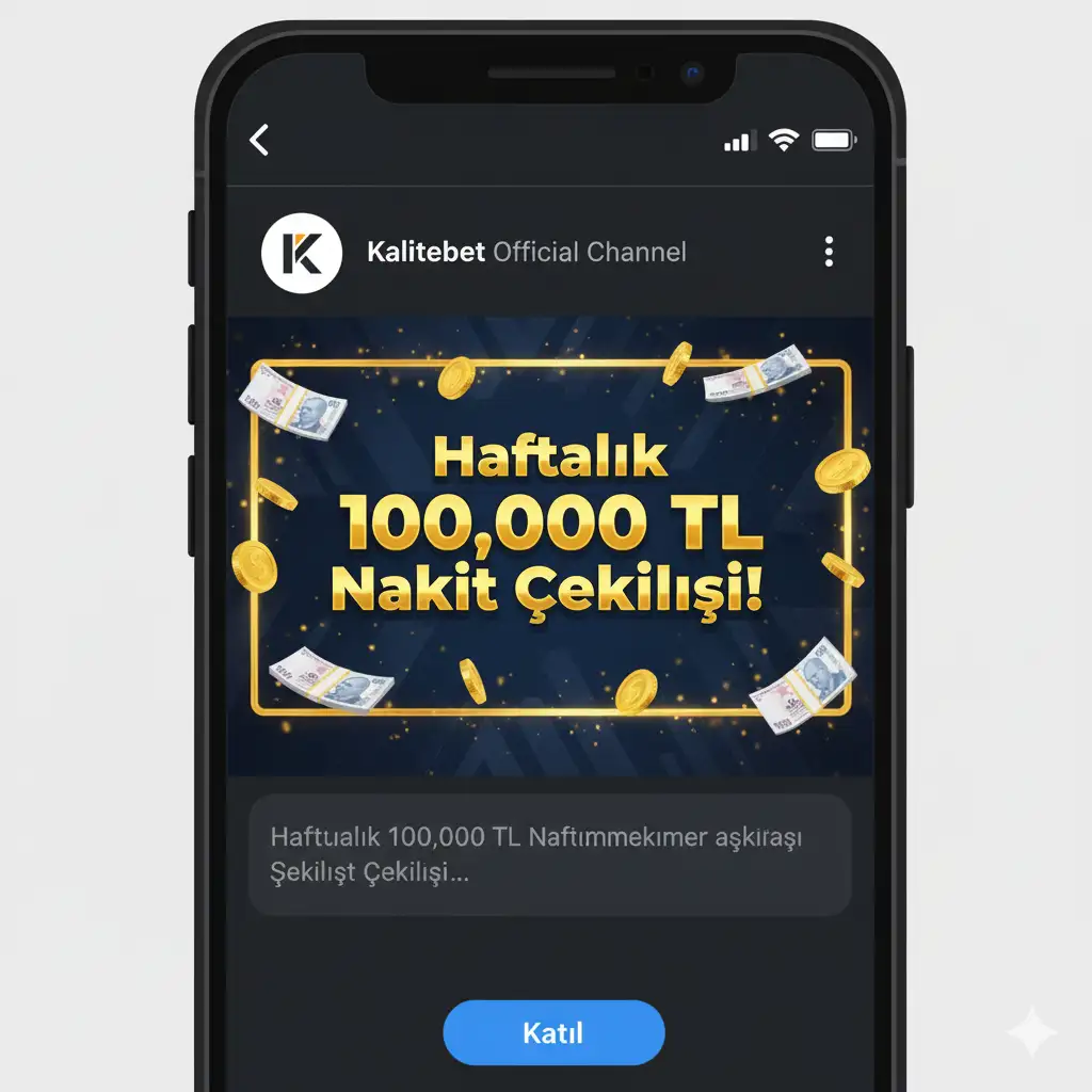 Kalitebet'in resmi Telegram kanalından alınmış, 100.000 TL'lik haftalık çekiliş duyurusunu gösteren ekran görüntüsü.