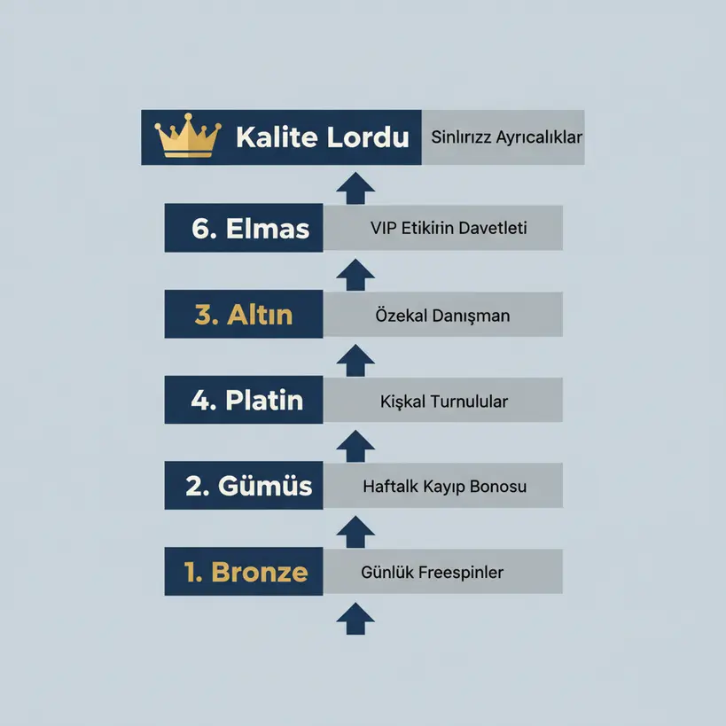 Kalitebet 'The Last Battle' sadakat programının 6 seviyesini ve her seviyede kazanılan ödülleri gösteren dikey infografik.