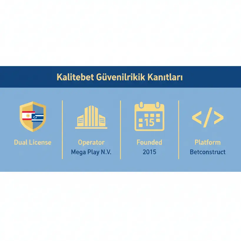 Kalitebet'in güvenilirliğini kanıtlayan çift lisans, Betconstruct altyapısı ve şirket bilgilerini gösteren infografik.