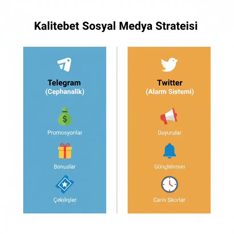 Kalitebet'in Telegram ve Twitter kanallarının stratejik amaçlarını karşılaştıran infografik.