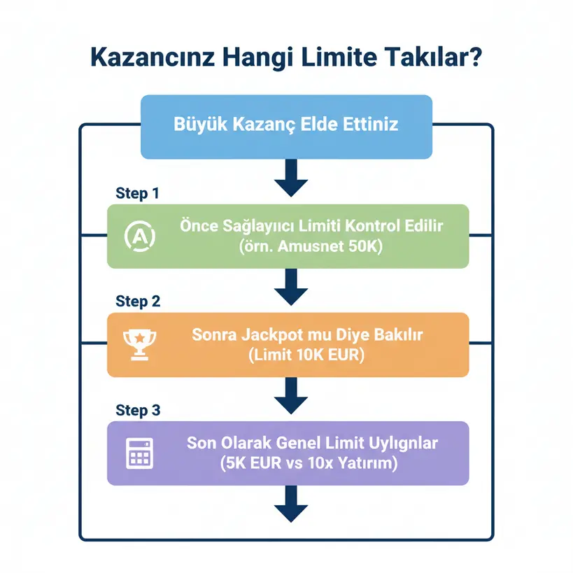 Kalitebet'te bir kazancın hangi limitlere tabi olduğunu gösteren hiyerarşi şeması: Sağlayıcı, Jackpot ve Genel Limitler.
