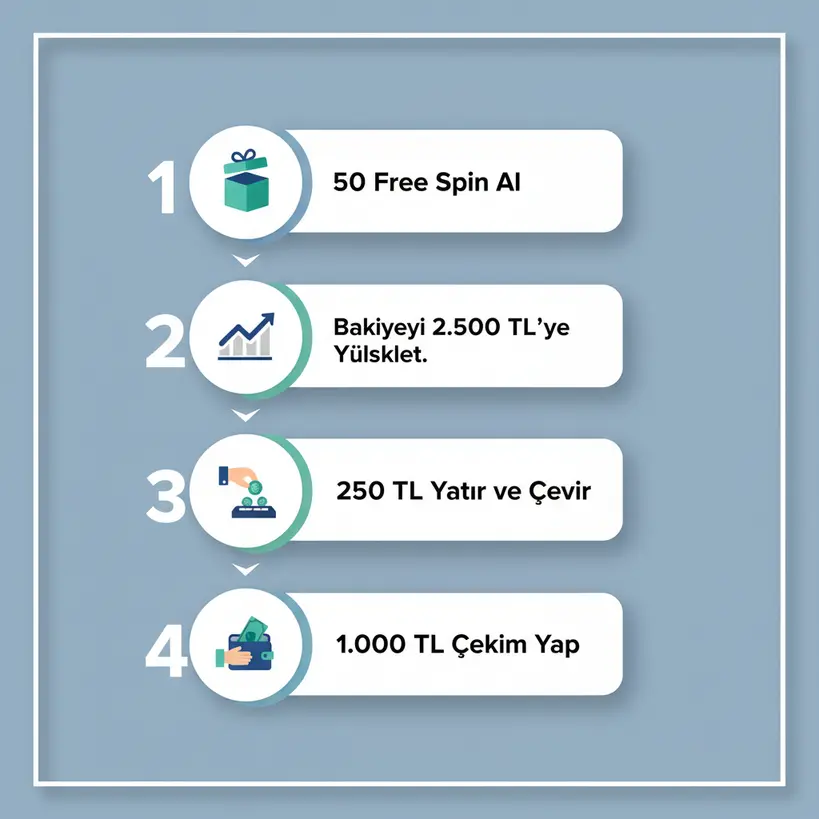 Kalitebet 250 TL deneme bonusunu nakite çevirme sürecini gösteren 4 adımlı infografik.
